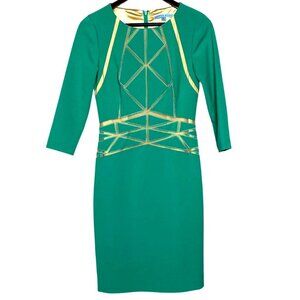 Antonio Melani Teal Blue Geo Mesh Panel 3/4 Sleeve Bodycon Sheath Dress Size 2